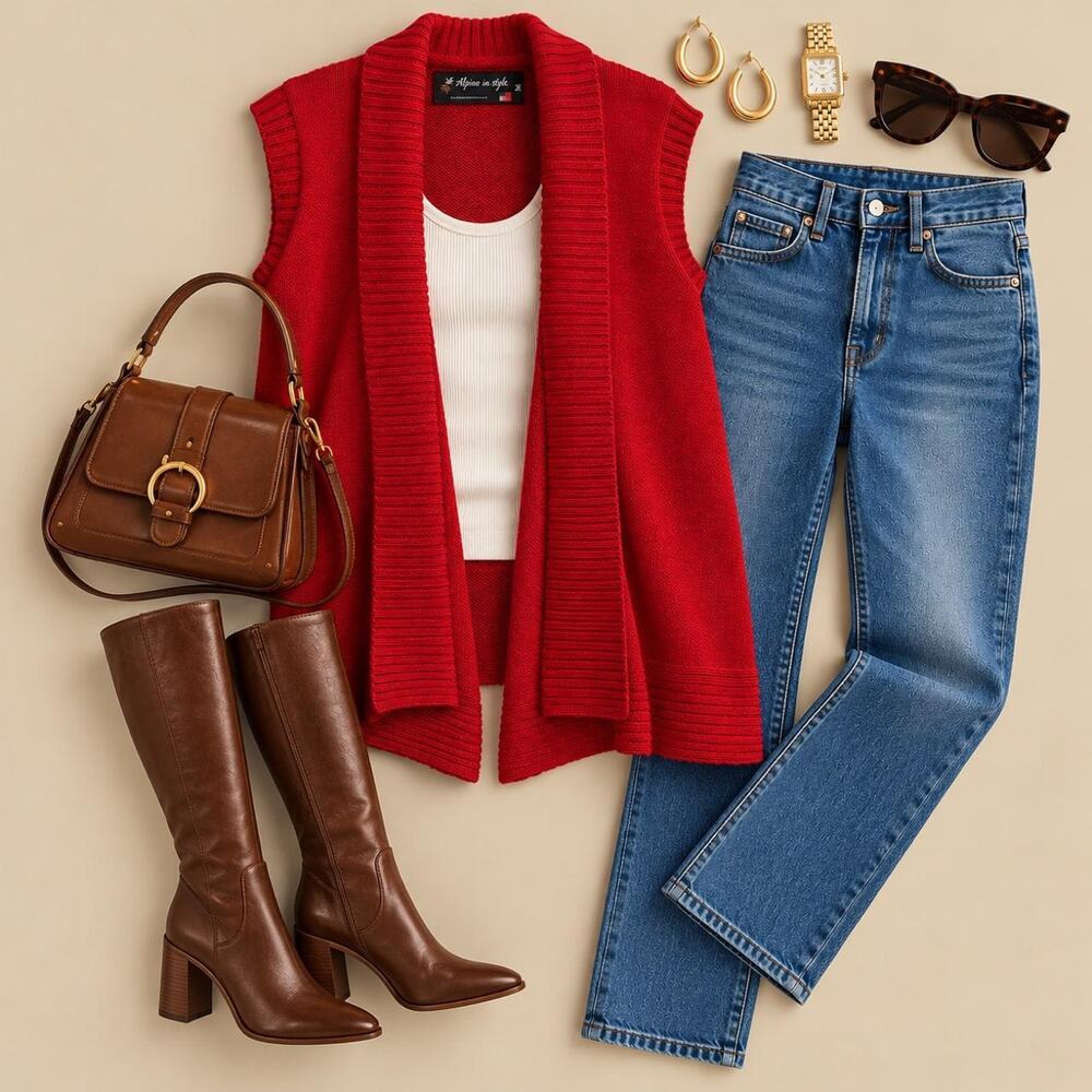 Alpaca in Style Women’s Red Longline Open Front Knit Sweater Vest – Size Medium